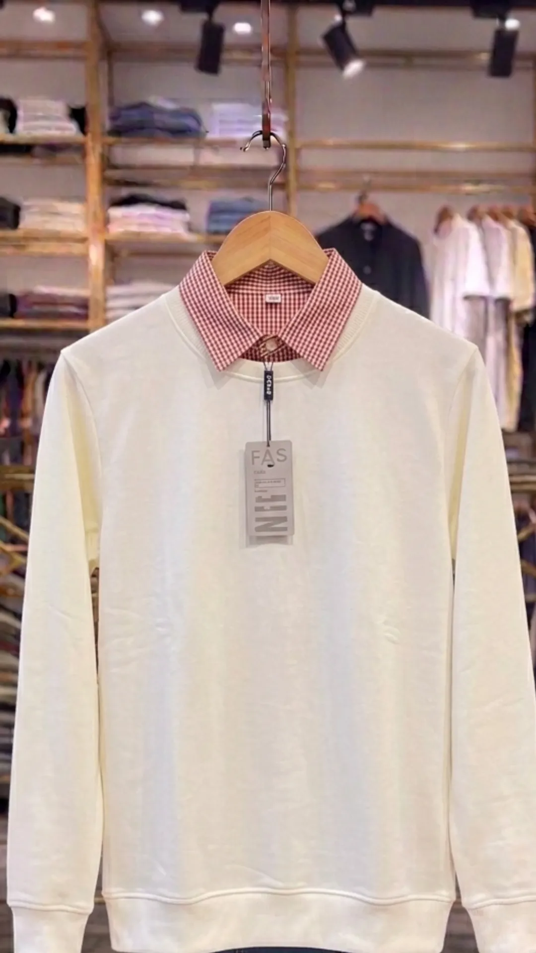 Men's Cream Pullover with Gingham Collar